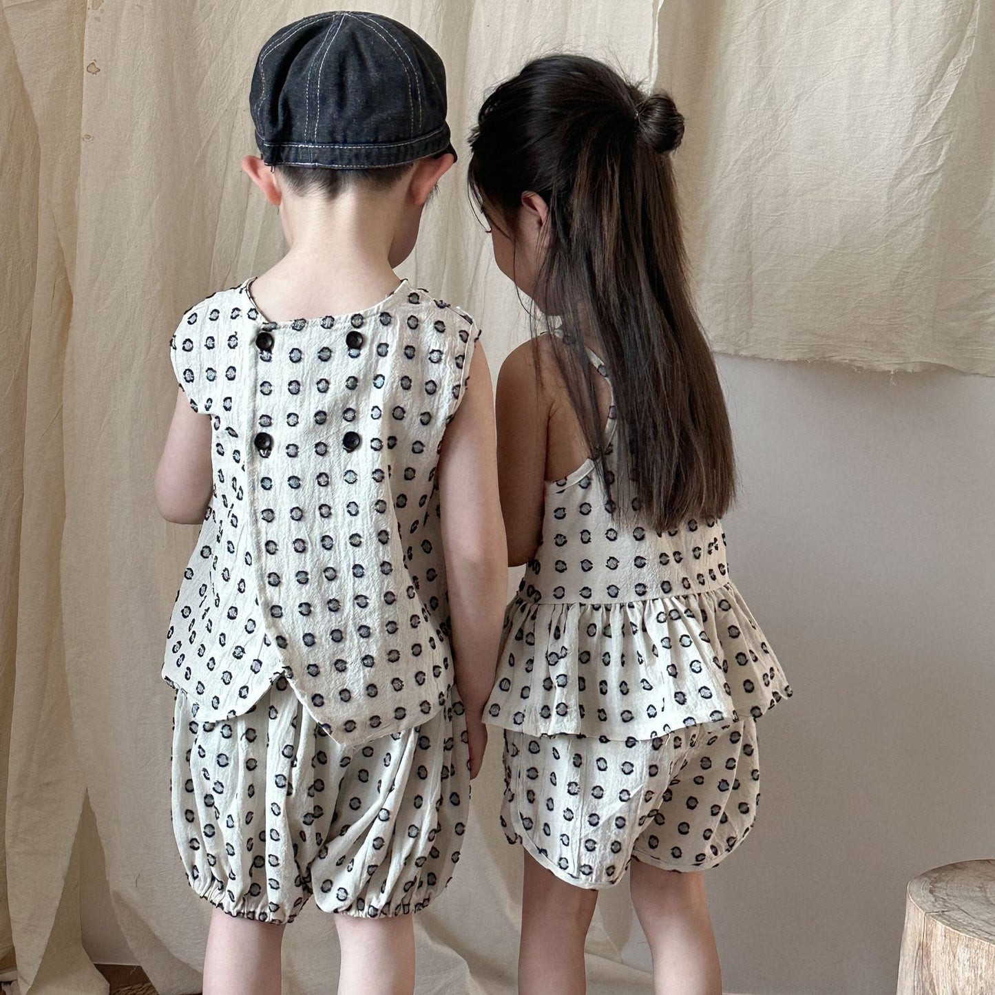 ノースリーブセットアップ ドットプリントセットアップ 2点セット ガールズ/ボーイズトップス+パンツセット【mh0009841】