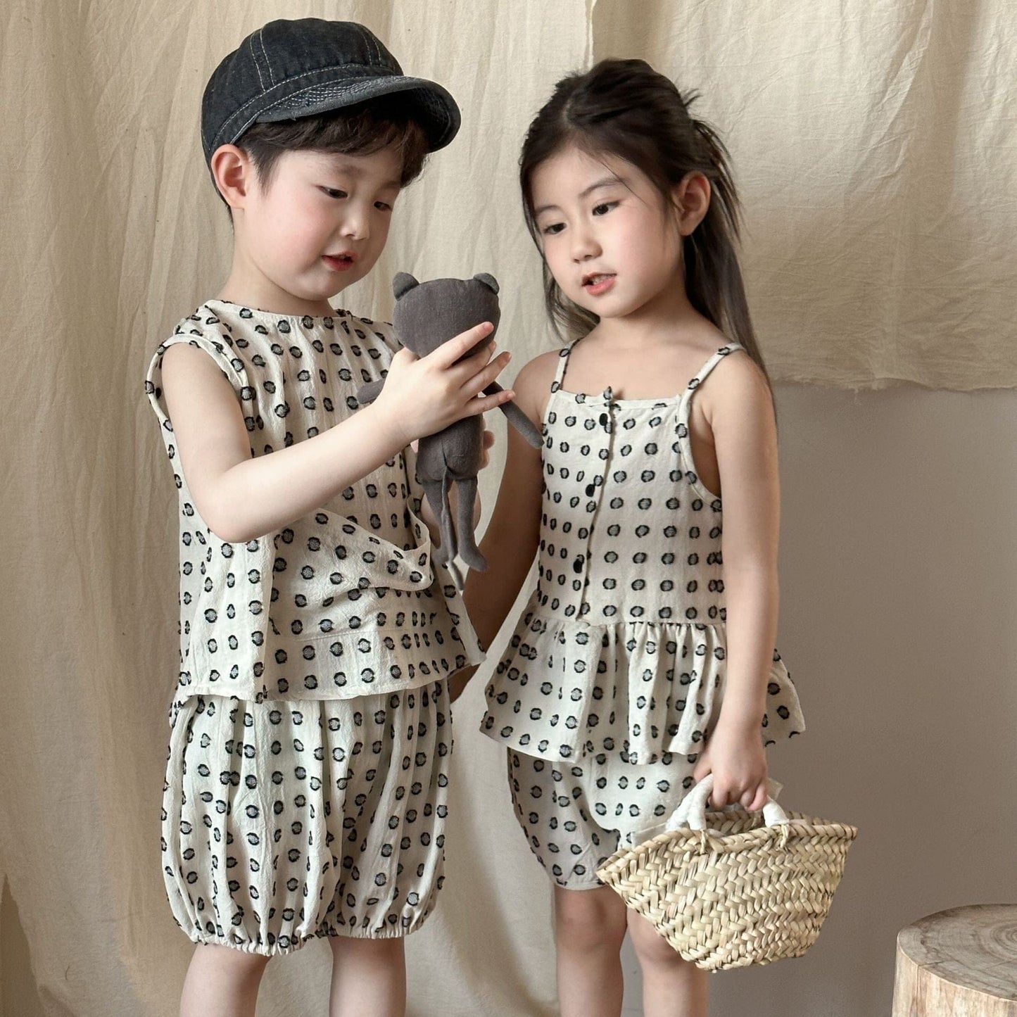 ノースリーブセットアップ ドットプリントセットアップ 2点セット ガールズ/ボーイズトップス+パンツセット【mh0009841】