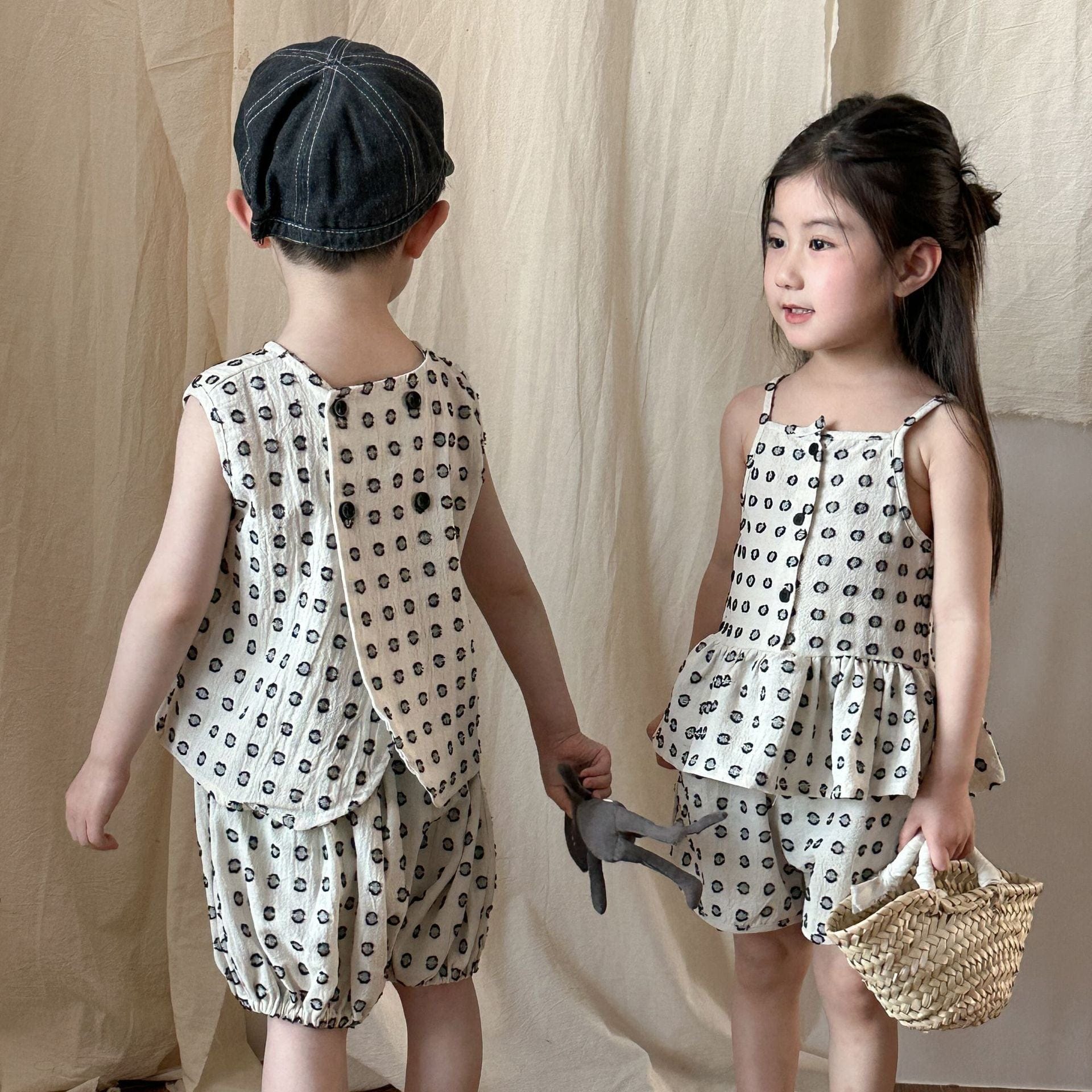 ノースリーブセットアップ ドットプリントセットアップ 2点セット ガールズ/ボーイズトップス+パンツセット【mh0009841】