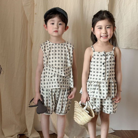 ノースリーブセットアップ ドットプリントセットアップ 2点セット ガールズ/ボーイズトップス+パンツセット【mh0009841】