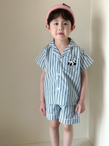 半袖セットアップ パンダストライプ半袖シャツ+ショートパンツセットアップ 2点セット【mh0010188】