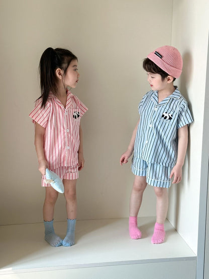 半袖セットアップ パンダストライプ半袖シャツ+ショートパンツセットアップ 2点セット【mh0010188】