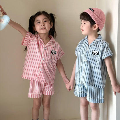 半袖セットアップ パンダストライプ半袖シャツ+ショートパンツセットアップ 2点セット【mh0010188】