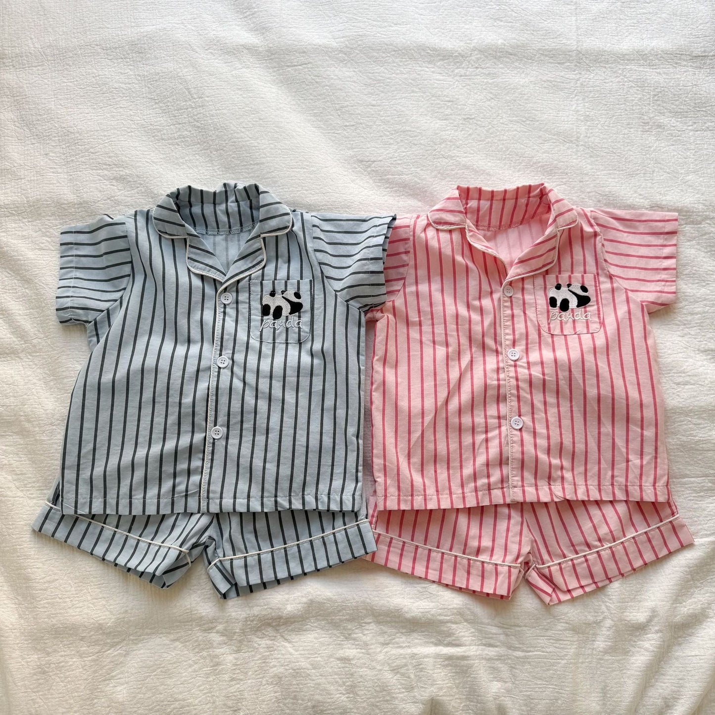 半袖セットアップ パンダストライプ半袖シャツ+ショートパンツセットアップ 2点セット【mh0010188】