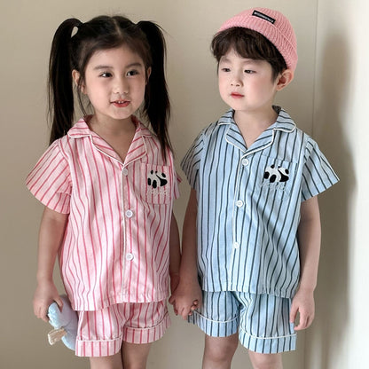 半袖セットアップ パンダストライプ半袖シャツ+ショートパンツセットアップ 2点セット【mh0010188】