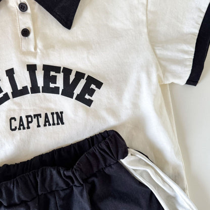 半袖セットアップ レターロゴプリント半袖ポロシャツ+ショートパンツセットアップ 2点セット【mh0010189】