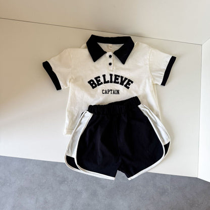 半袖セットアップ レターロゴプリント半袖ポロシャツ+ショートパンツセットアップ 2点セット【mh0010189】