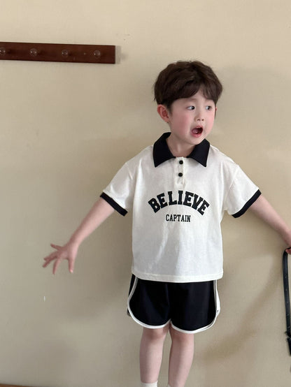 半袖セットアップ レターロゴプリント半袖ポロシャツ+ショートパンツセットアップ 2点セット【mh0010189】