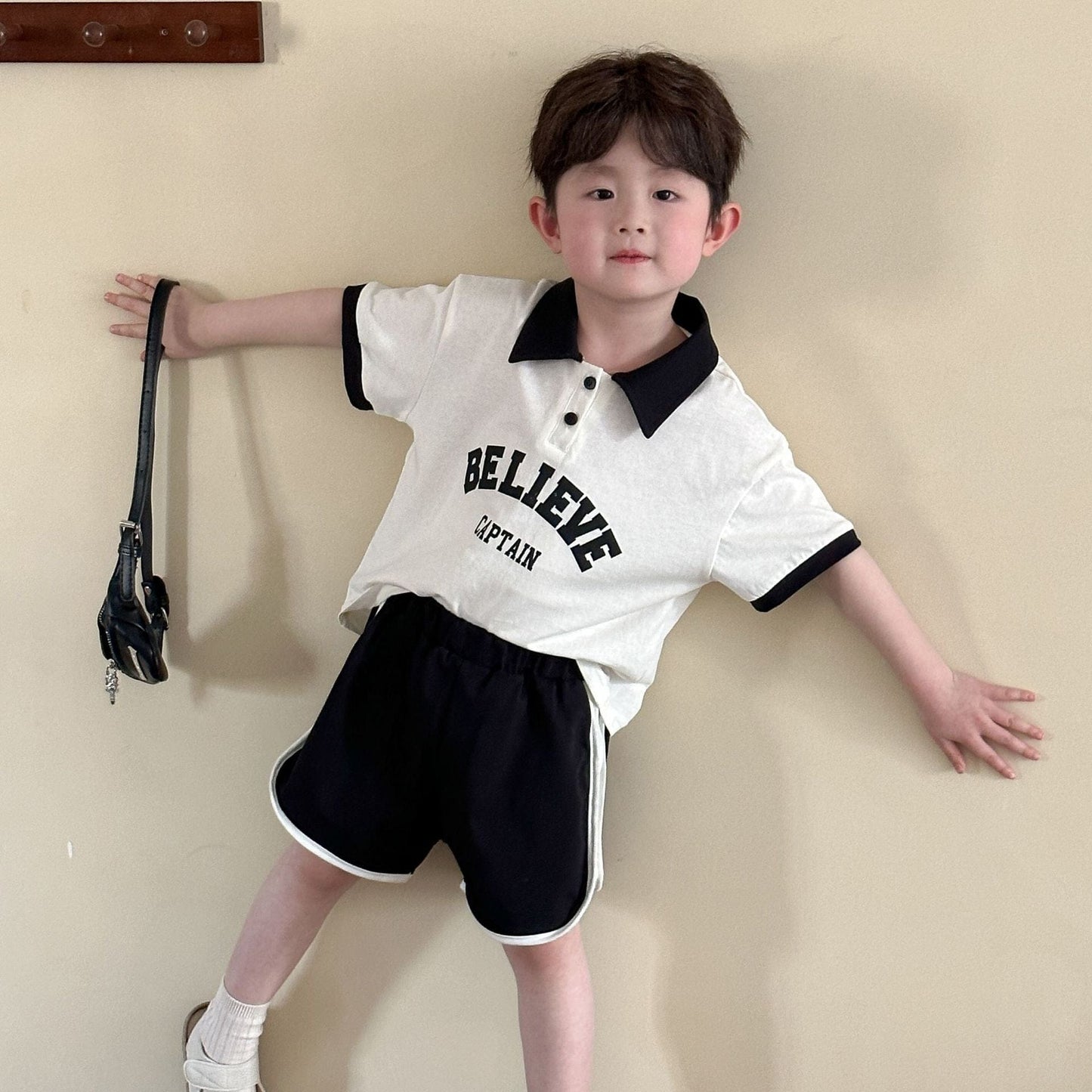 半袖セットアップ レターロゴプリント半袖ポロシャツ+ショートパンツセットアップ 2点セット【mh0010189】