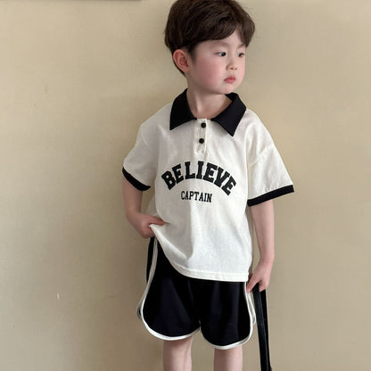 半袖セットアップ レターロゴプリント半袖ポロシャツ+ショートパンツセットアップ 2点セット【mh0010189】