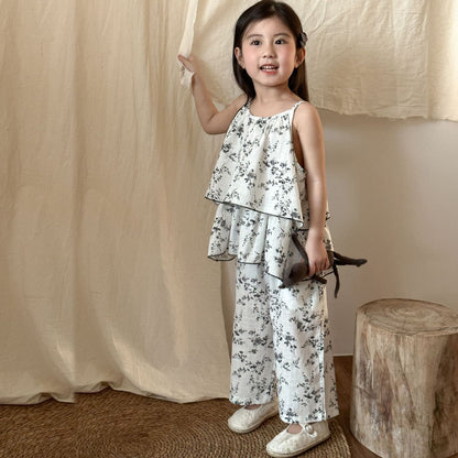 ノースリーブセットアップ フラワープリントキャミソールチュニック+ワイドルーズパンツセットアップ 2点セット【mh0010193】