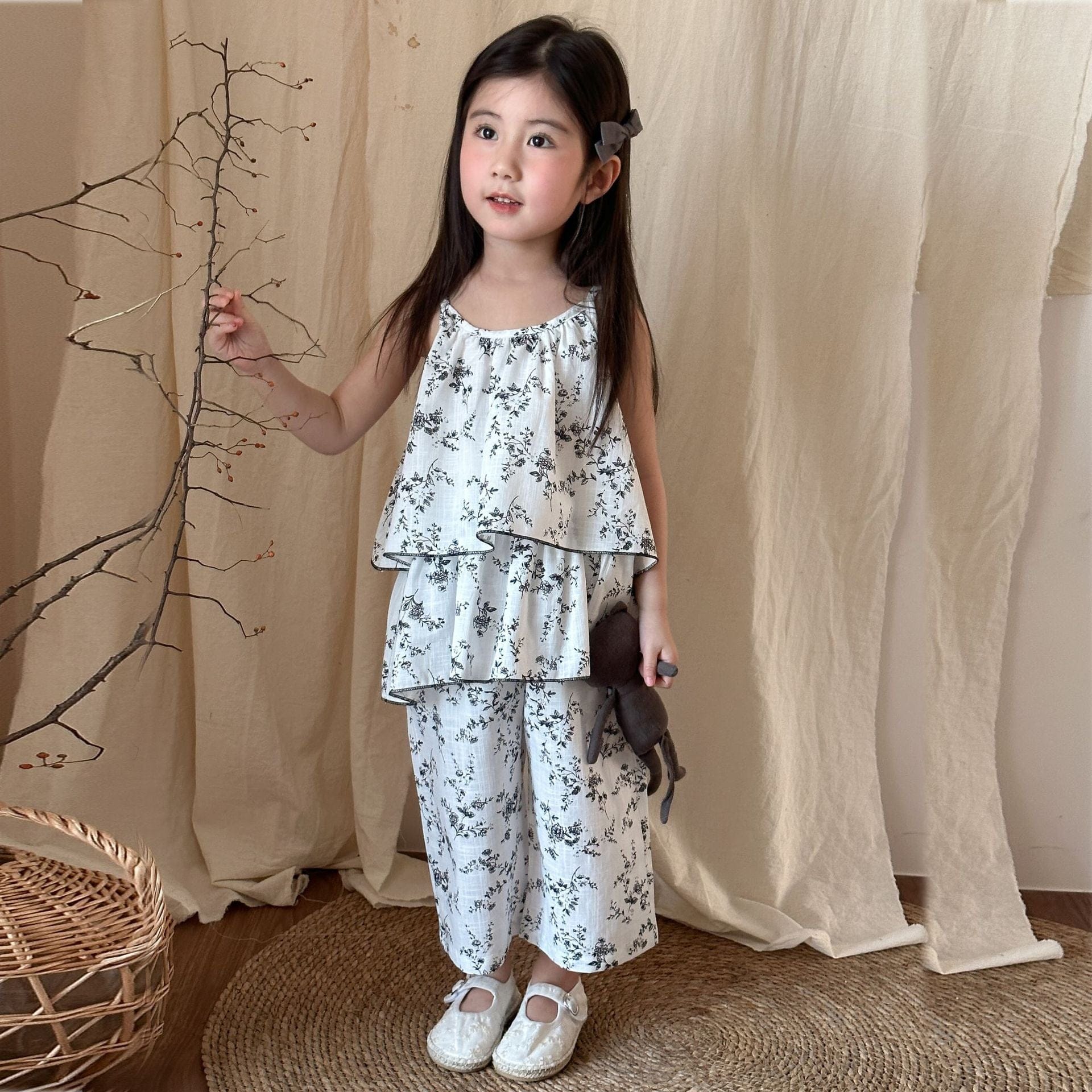 ノースリーブセットアップ フラワープリントキャミソールチュニック+ワイドルーズパンツセットアップ 2点セット【mh0010193】