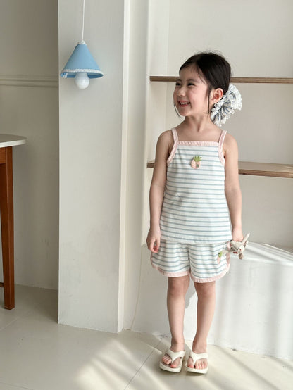 ノースリーブセットアップ フルーツアップリケボーダーキャミソール+ショートパンツセットアップ 2点セット【mh0010199】
