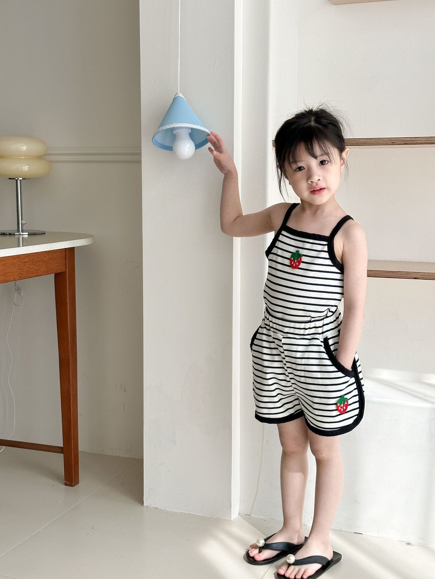 ノースリーブセットアップ フルーツアップリケボーダーキャミソール+ショートパンツセットアップ 2点セット【mh0010199】