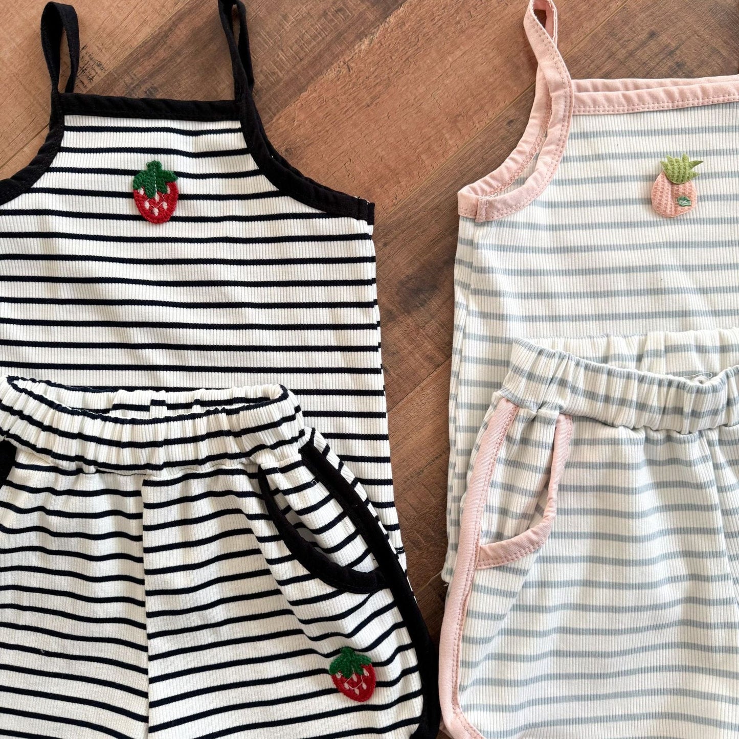 ノースリーブセットアップ フルーツアップリケボーダーキャミソール+ショートパンツセットアップ 2点セット【mh0010199】