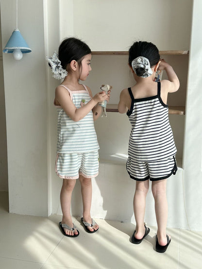 ノースリーブセットアップ フルーツアップリケボーダーキャミソール+ショートパンツセットアップ 2点セット【mh0010199】