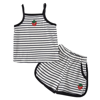 ノースリーブセットアップ フルーツアップリケボーダーキャミソール+ショートパンツセットアップ 2点セット【mh0010199】