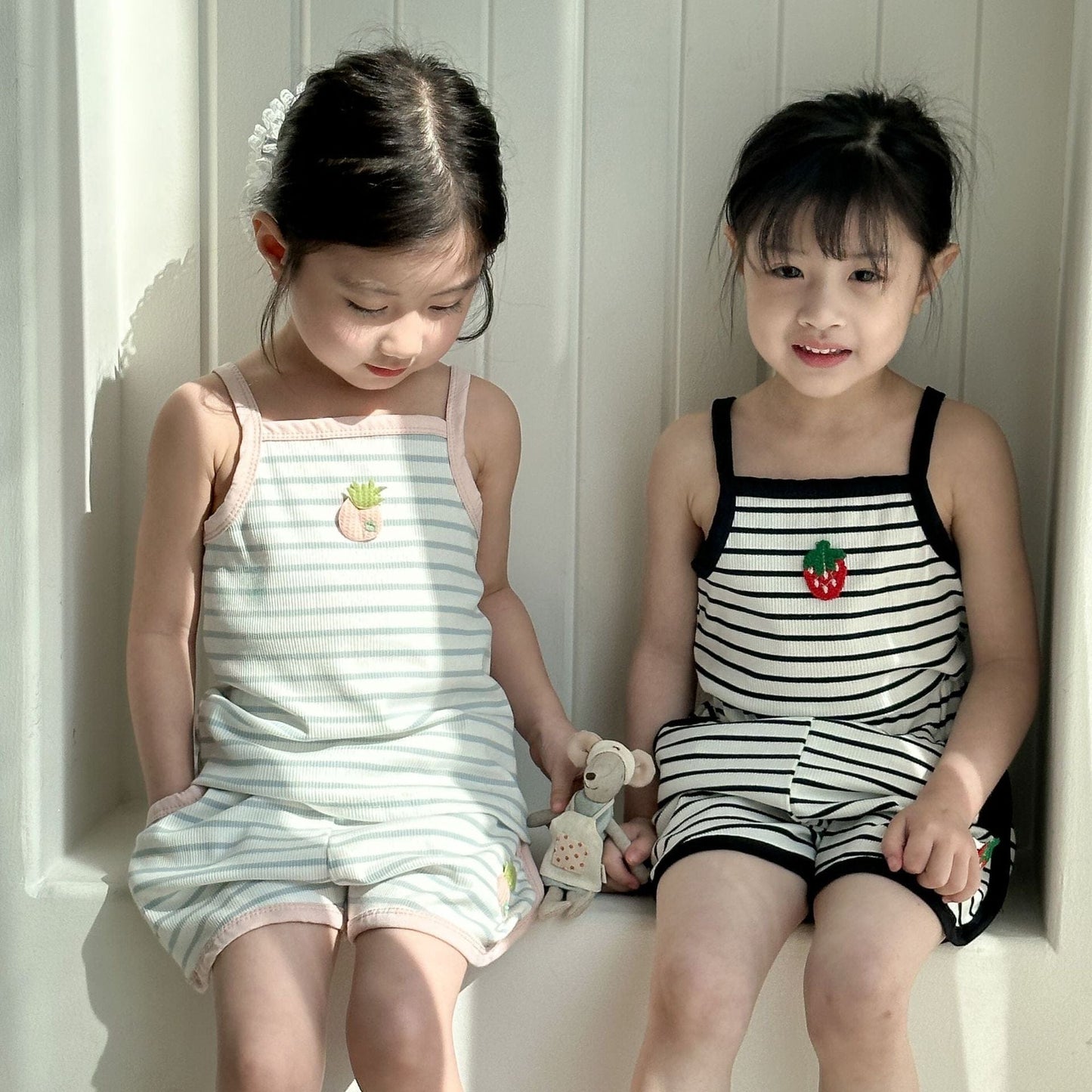 ノースリーブセットアップ フルーツアップリケボーダーキャミソール+ショートパンツセットアップ 2点セット【mh0010199】