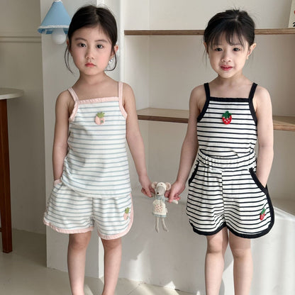 ノースリーブセットアップ フルーツアップリケボーダーキャミソール+ショートパンツセットアップ 2点セット【mh0010199】