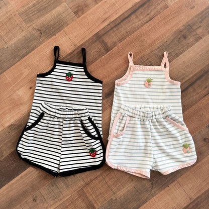 ノースリーブセットアップ フルーツアップリケボーダーキャミソール+ショートパンツセットアップ 2点セット【mh0010199】