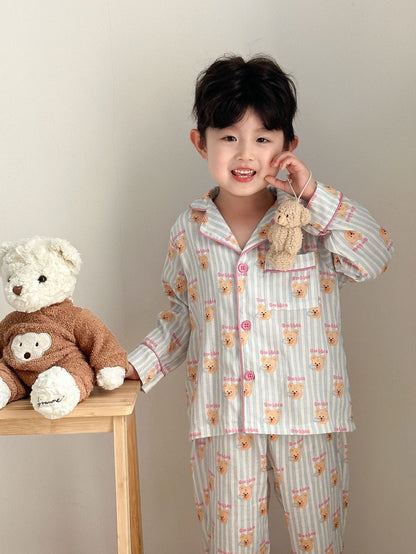 長袖パジャマ ストライプくま/リボンプリント長袖パジャマセットアップ 2点セット【mh0011232】