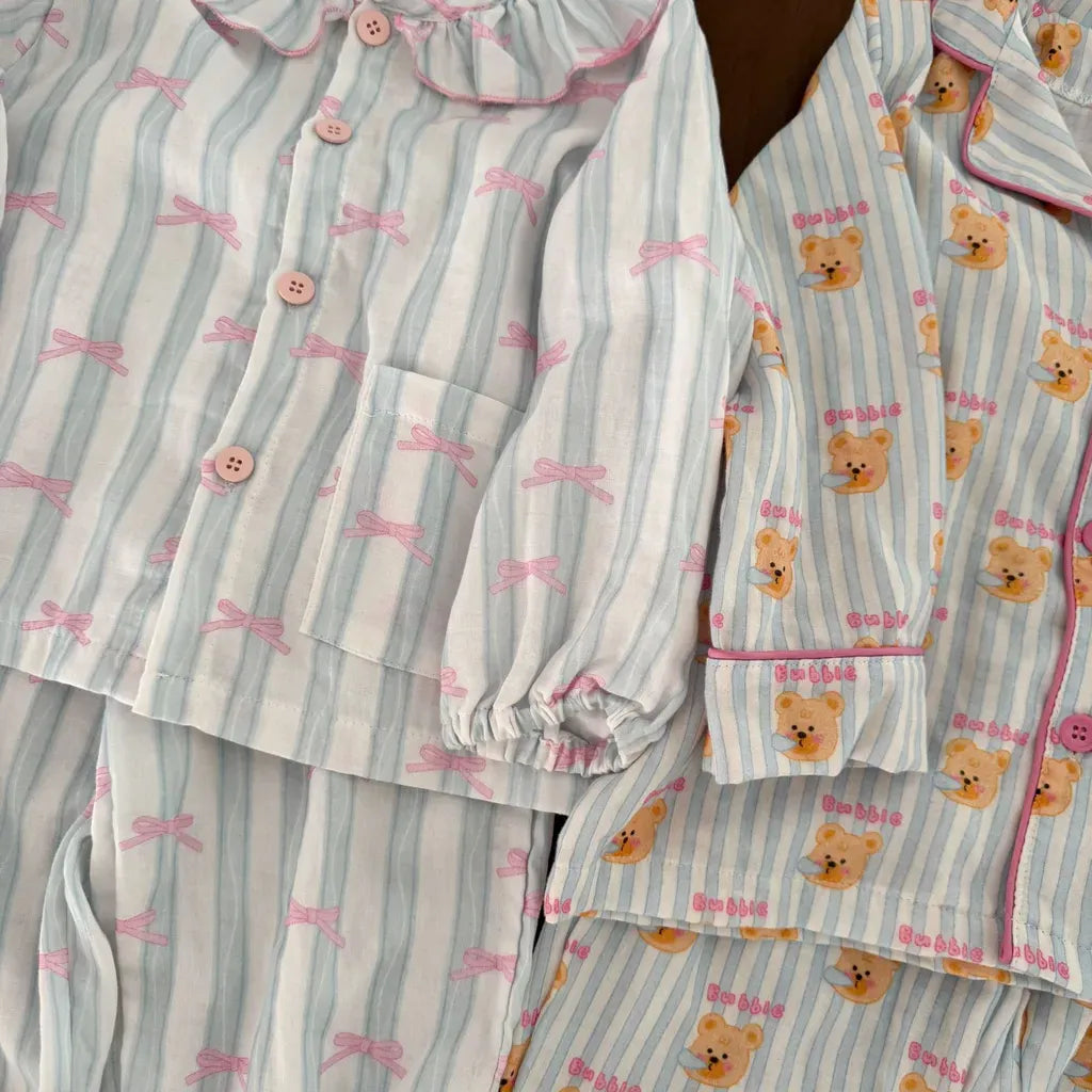 長袖パジャマ ストライプくま/リボンプリント長袖パジャマセットアップ 2点セット【mh0011232】