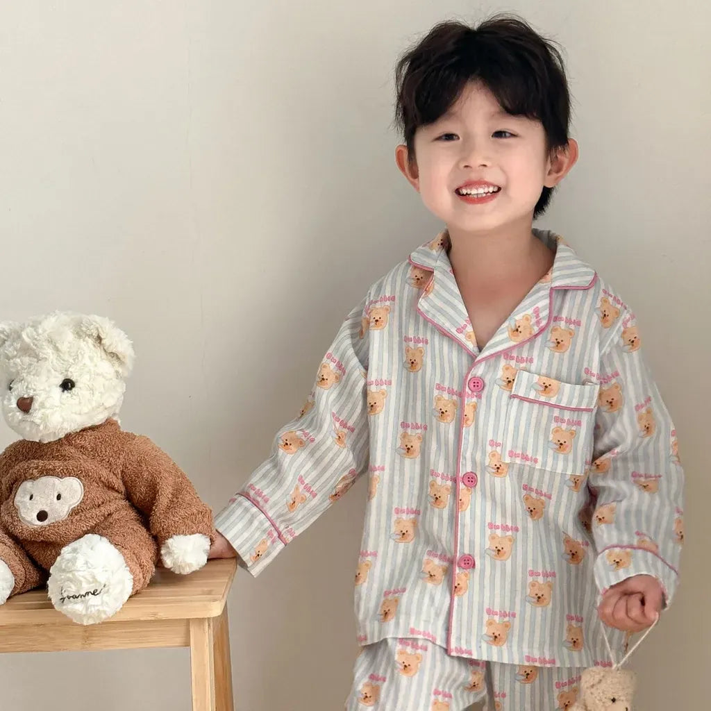 長袖パジャマ ストライプくま/リボンプリント長袖パジャマセットアップ 2点セット【mh0011232】