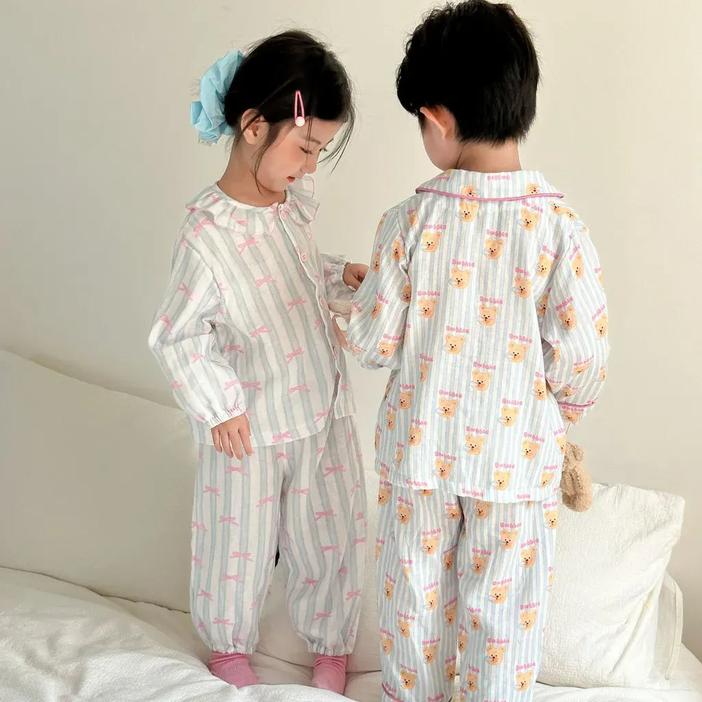 長袖パジャマ ストライプくま/リボンプリント長袖パジャマセットアップ 2点セット【mh0011232】