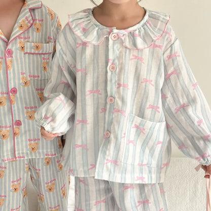 長袖パジャマ ストライプくま/リボンプリント長袖パジャマセットアップ 2点セット【mh0011232】