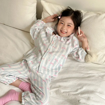 長袖パジャマ ストライプくま/リボンプリント長袖パジャマセットアップ 2点セット【mh0011232】