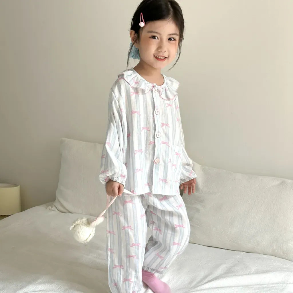 長袖パジャマ ストライプくま/リボンプリント長袖パジャマセットアップ 2点セット【mh0011232】