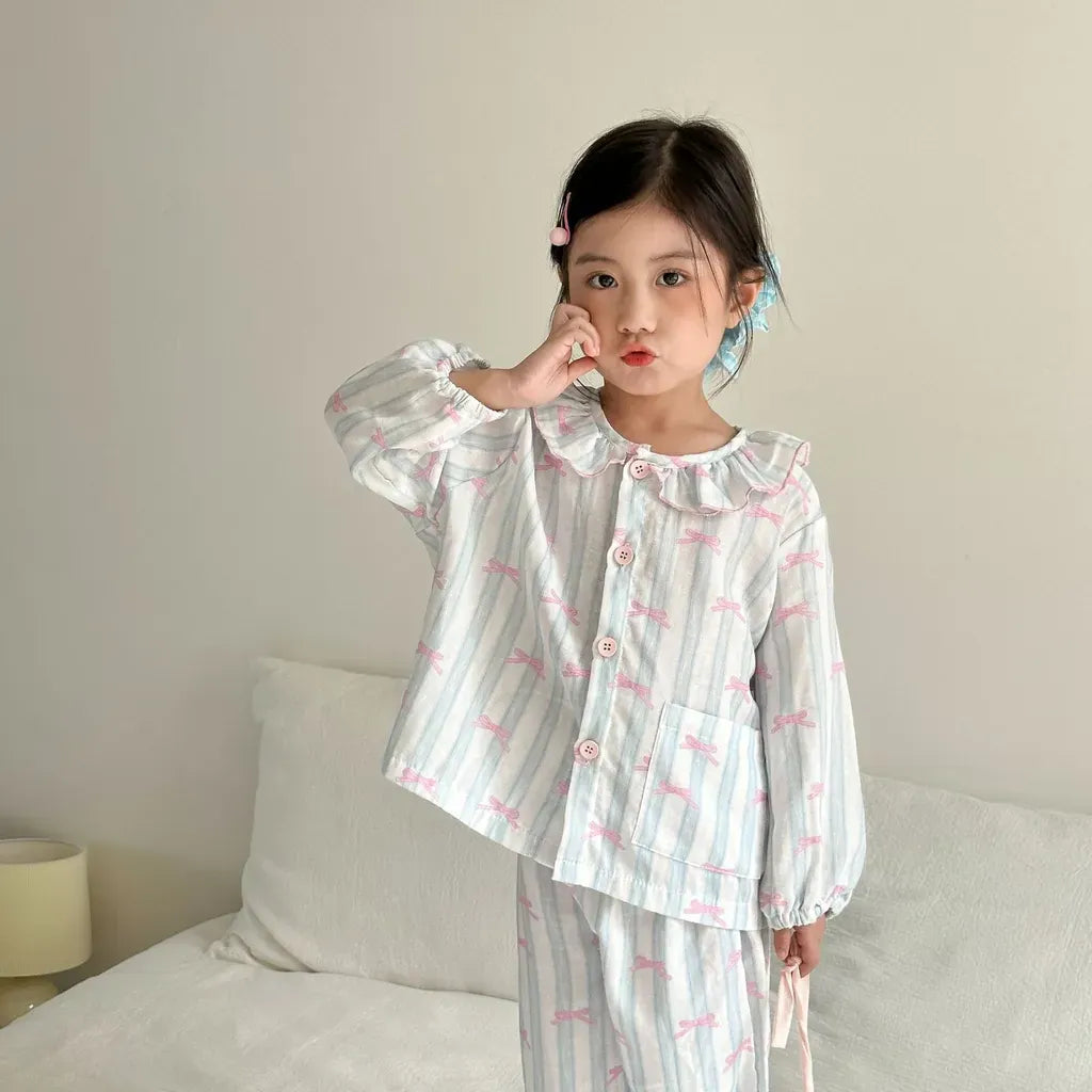 長袖パジャマ ストライプくま/リボンプリント長袖パジャマセットアップ 2点セット【mh0011232】