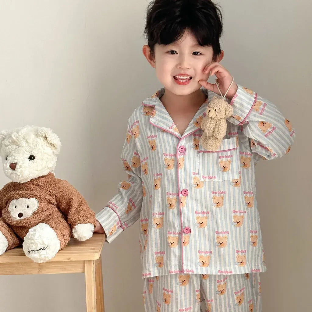 長袖パジャマ ストライプくま/リボンプリント長袖パジャマセットアップ 2点セット【mh0011232】