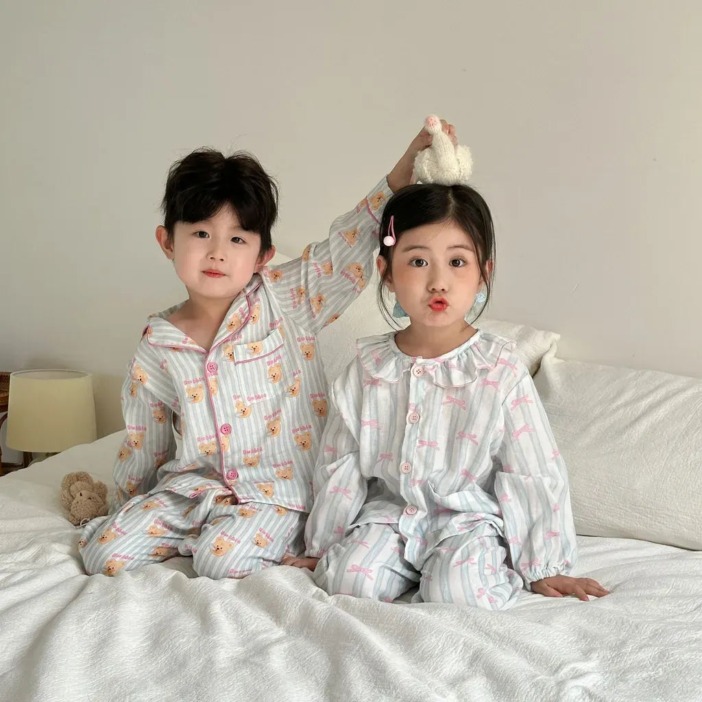 長袖パジャマ ストライプくま/リボンプリント長袖パジャマセットアップ 2点セット【mh0011232】