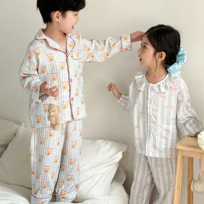 長袖パジャマ ストライプくま/リボンプリント長袖パジャマセットアップ 2点セット【mh0011232】