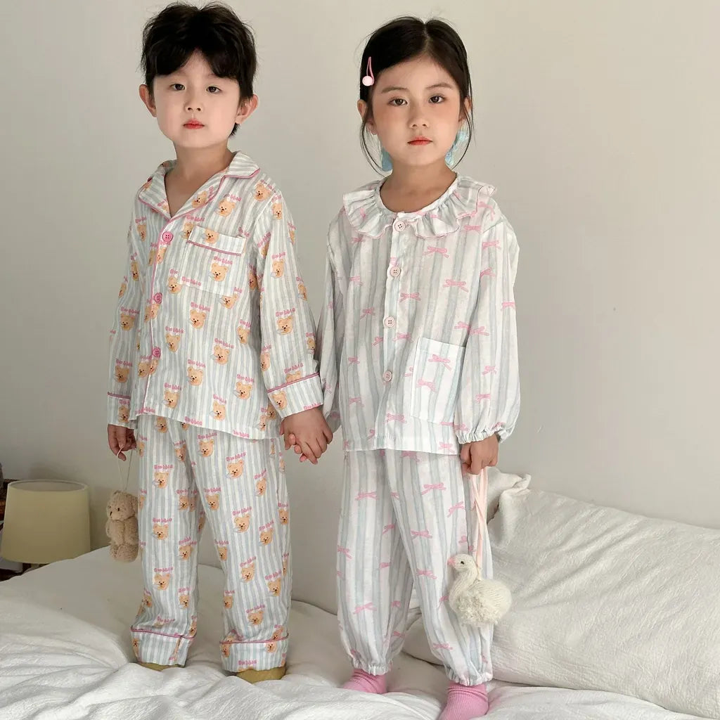 長袖パジャマ ストライプくま/リボンプリント長袖パジャマセットアップ 2点セット【mh0011232】
