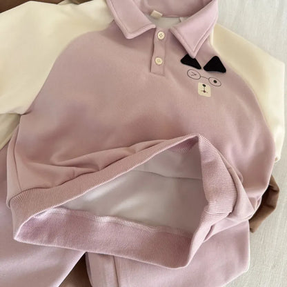 長袖セットアップ クマ刺繍襟付きスウェットセットアップ 2点セット【mh0011234】