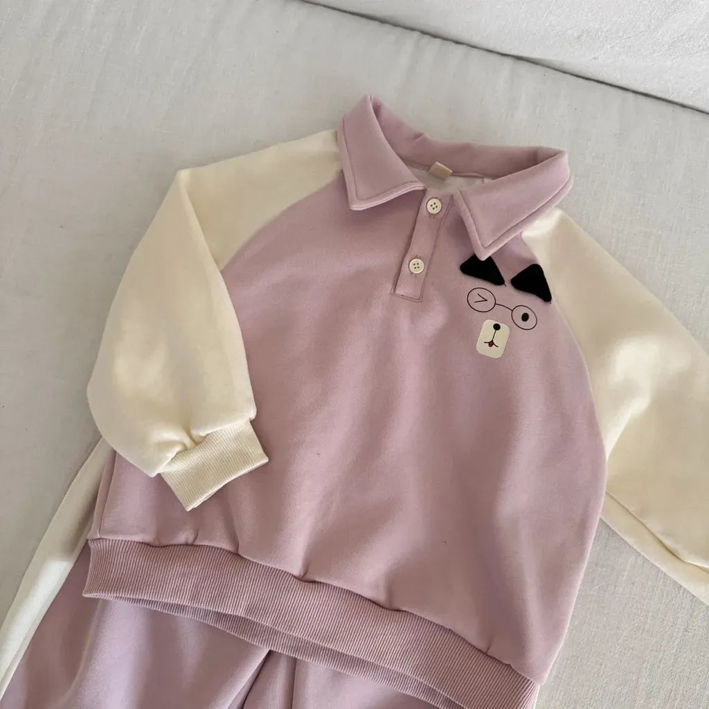 長袖セットアップ クマ刺繍襟付きスウェットセットアップ 2点セット【mh0011234】