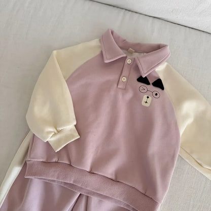 長袖セットアップ クマ刺繍襟付きスウェットセットアップ 2点セット【mh0011234】