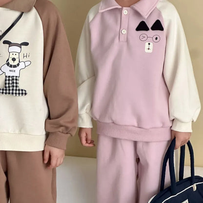 長袖セットアップ クマ刺繍襟付きスウェットセットアップ 2点セット【mh0011234】