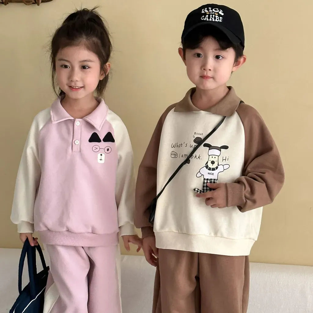 長袖セットアップ クマ刺繍襟付きスウェットセットアップ 2点セット【mh0011234】