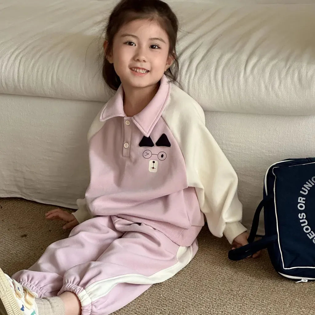 長袖セットアップ クマ刺繍襟付きスウェットセットアップ 2点セット【mh0011234】