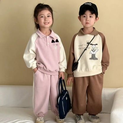 長袖セットアップ クマ刺繍襟付きスウェットセットアップ 2点セット【mh0011234】