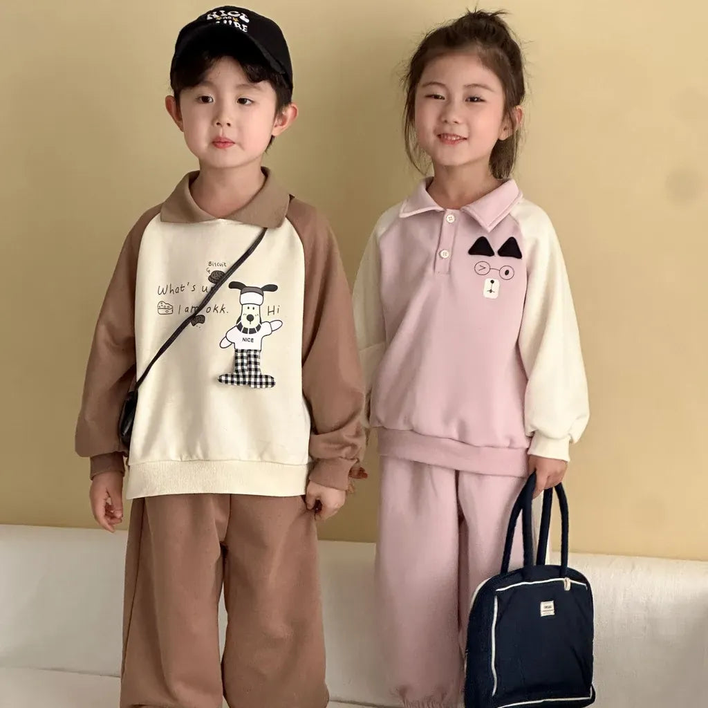 長袖セットアップ クマ刺繍襟付きスウェットセットアップ 2点セット【mh0011234】