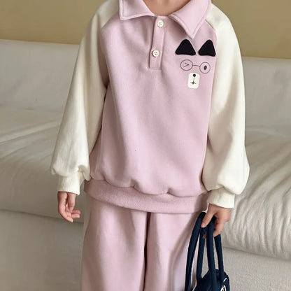 長袖セットアップ クマ刺繍襟付きスウェットセットアップ 2点セット【mh0011234】