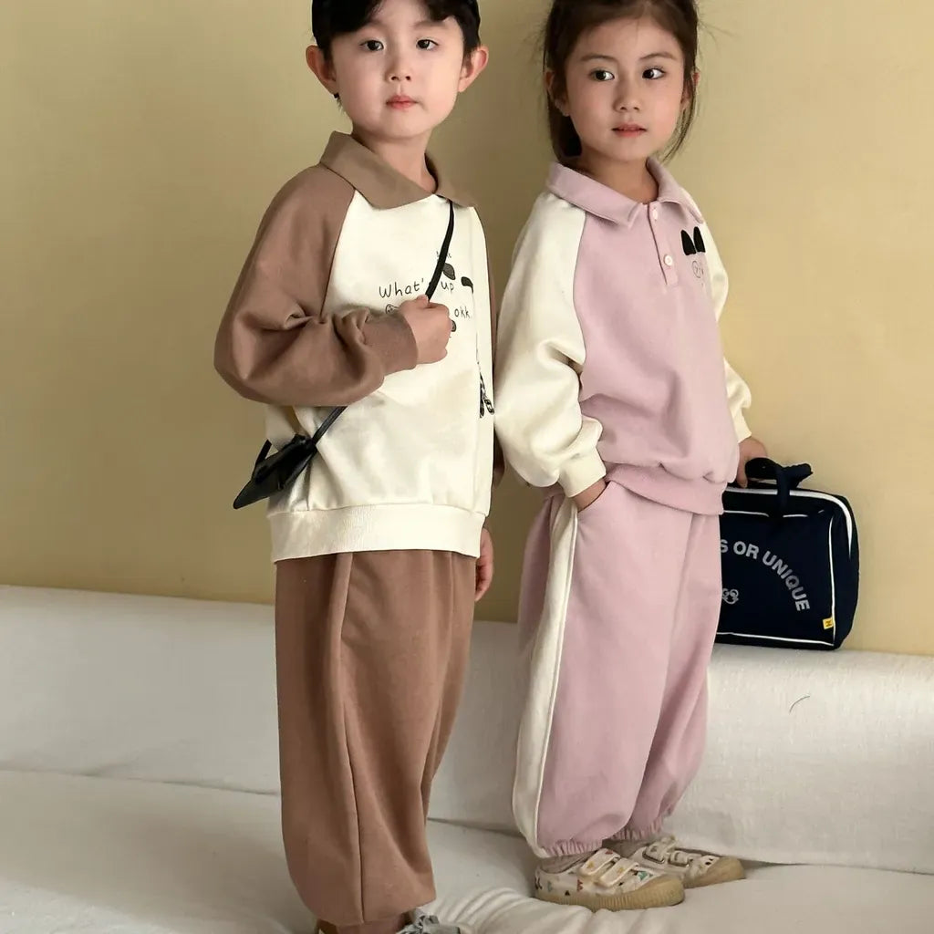 長袖セットアップ クマ刺繍襟付きスウェットセットアップ 2点セット【mh0011234】