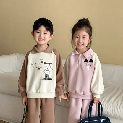 長袖セットアップ クマ刺繍襟付きスウェットセットアップ 2点セット【mh0011234】