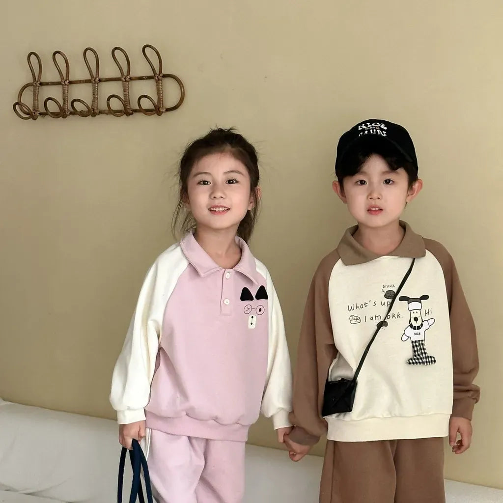 長袖セットアップ クマ刺繍襟付きスウェットセットアップ 2点セット【mh0011234】