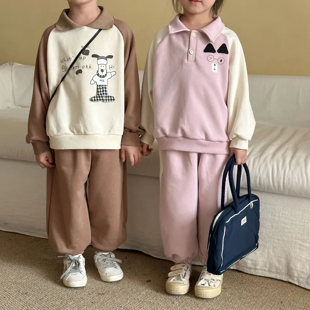 長袖セットアップ クマ刺繍襟付きスウェットセットアップ 2点セット【mh0011234】