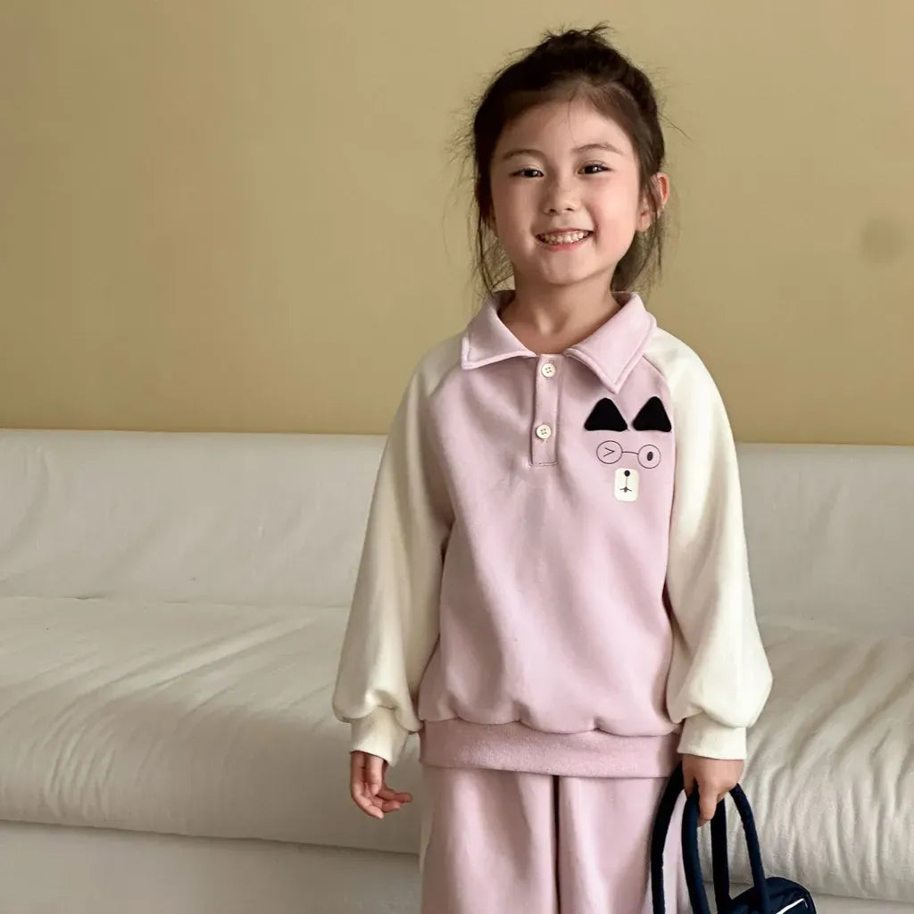 長袖セットアップ クマ刺繍襟付きスウェットセットアップ 2点セット【mh0011234】